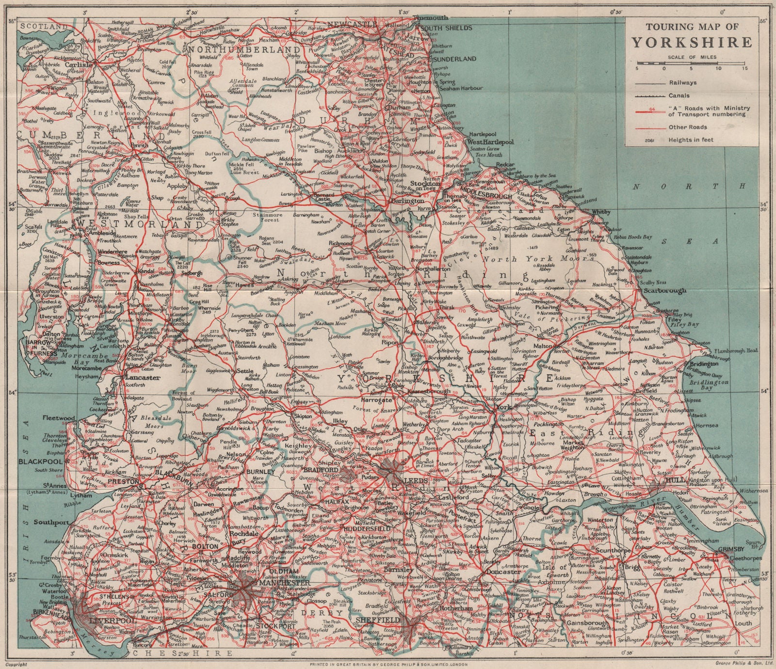 TOURING MAP OF YORKSHIRE & Northern England. Pre-motorways. WARD LOCK 1940